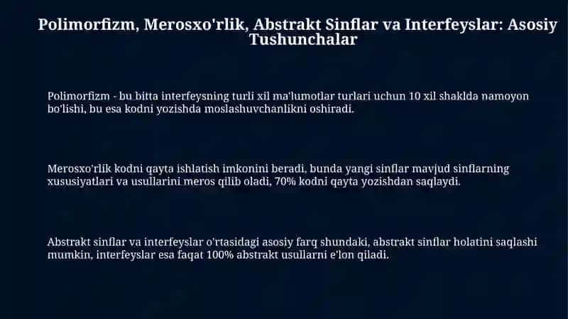 Polimorfizm, Merosxo'rlik, Abstrakt Sinflar va Interfeyslar 3