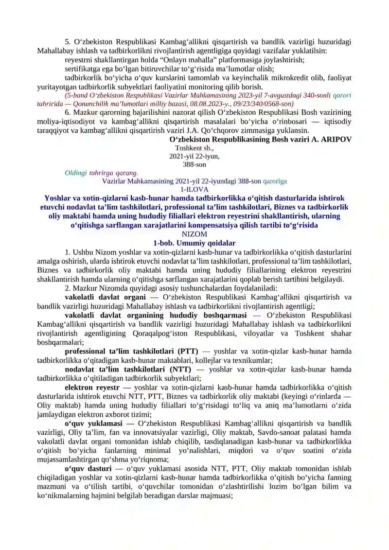 YOSHLAR VA XOTIN-QIZLARNI KASB-HUNAR VA TADBIRKORLIKKA O‘QITISH DASTURLARINI SAMARALI AMALGA OSHIRISH HAMDA ULARNING TADBIRKORLIK FAOLIYATI UCHUN MIKROKREDITLAR AJRATISH CHORA-TADBIRLARI TO‘G‘RISIDA 3