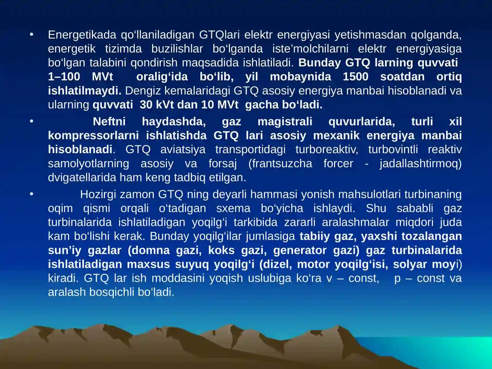 Gaz turbina qurilmalari. Issiqlik kuch qurilmalari. Ichki yonuv dvigatellari, bug’ turbina qurilmalari va reaktiv dvigatellar 3