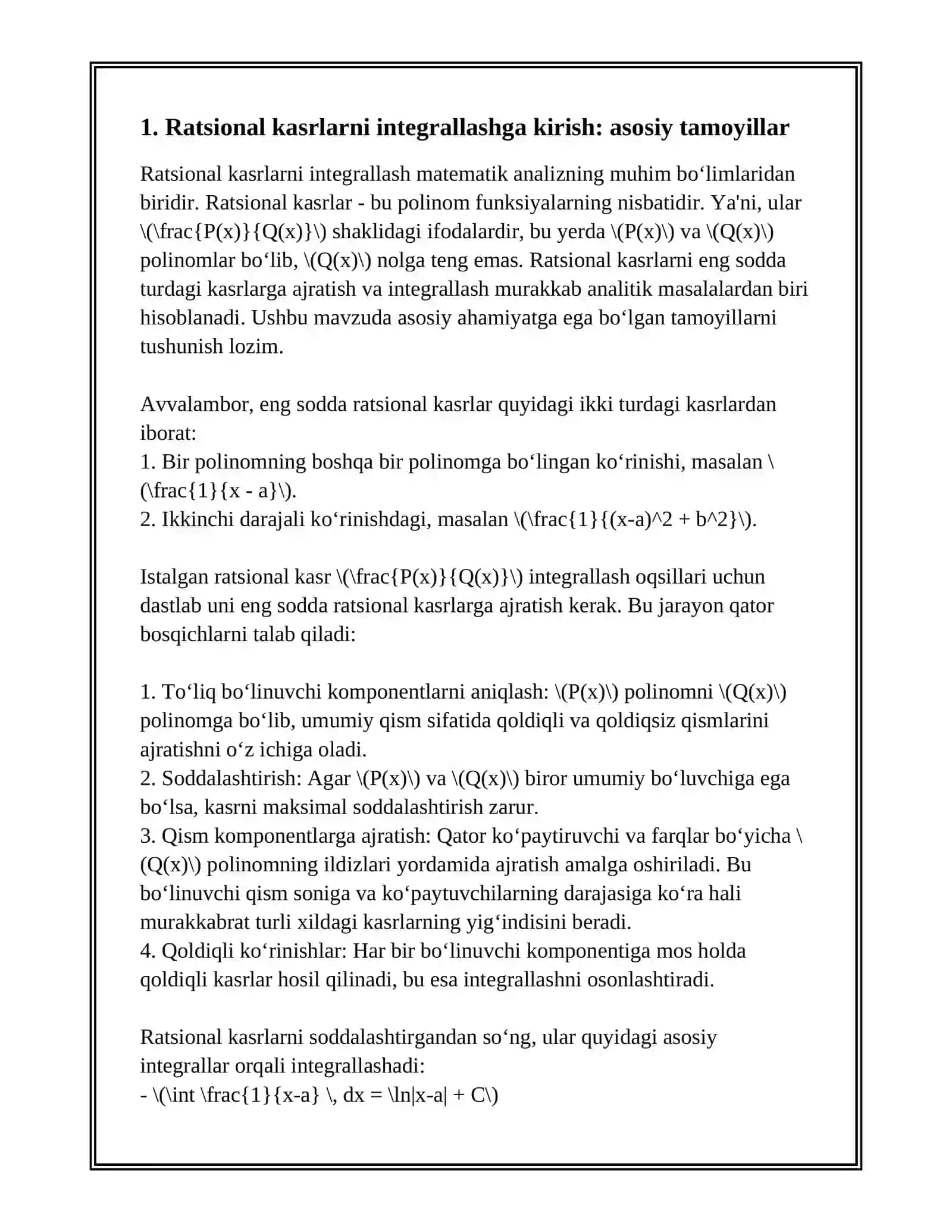 ENG SODDA RATSIONAL KASRLARNI INTEGRALLASH. RATSIONAL KASRLARNI SODDA RATSIONAL KASRLARGA AJRATISH 3