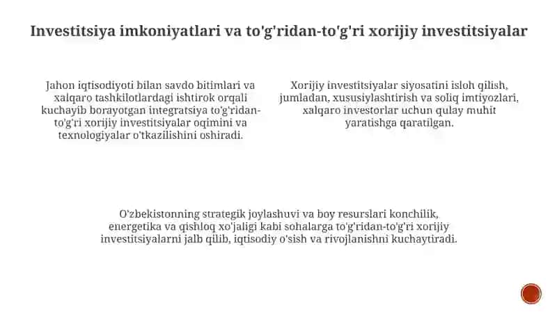 Jahon iqtisodiyoti bilan savdo bitimlari va xalqaro tashkilotlardagi ishtirok orqali kuchayib borayotgan integratsiya 3