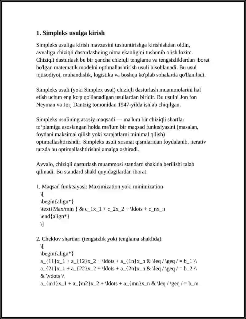 CHIZIQLI DASTURLASH MASALASINI SIMPLEKS USULDA YECHISH 3