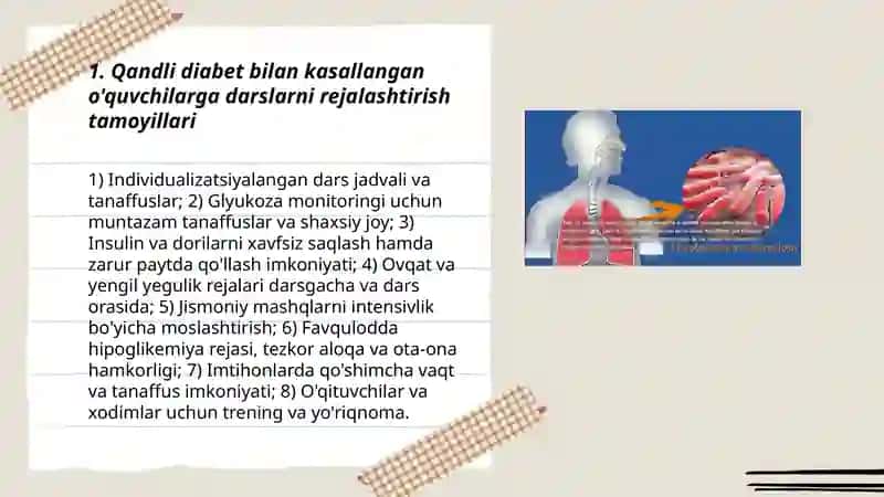 ichki sekretsiya bezlari (qandli diabet ), safas olish a'zolari kasalliklari (tuberkulyoz va branxial astma) bilan kasallangan maktab o'quvchilariga dars o'tish prinsiplari 3
