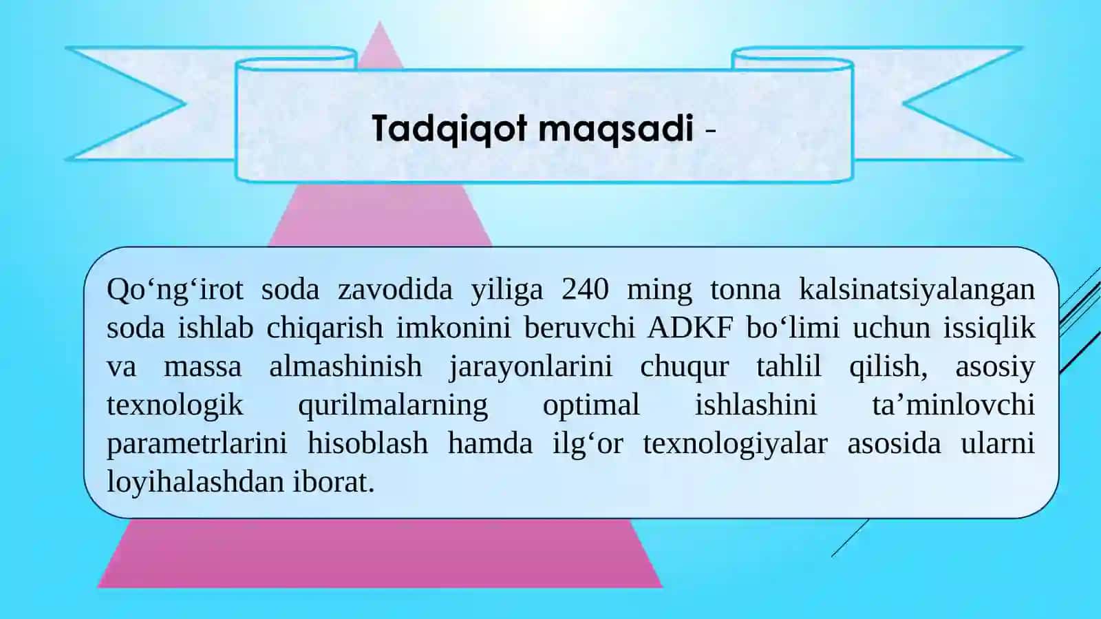Qo’ng’irot soda zavodi UKda yiliga 240ming tonna kalsinatsiyalangan soda ishlab chiqarish texnologiyasining ADKF bo‘limining asosiy issiqlik va massa almashinish jarayon va qurilmalari hisoblansin va loyihalansin 3