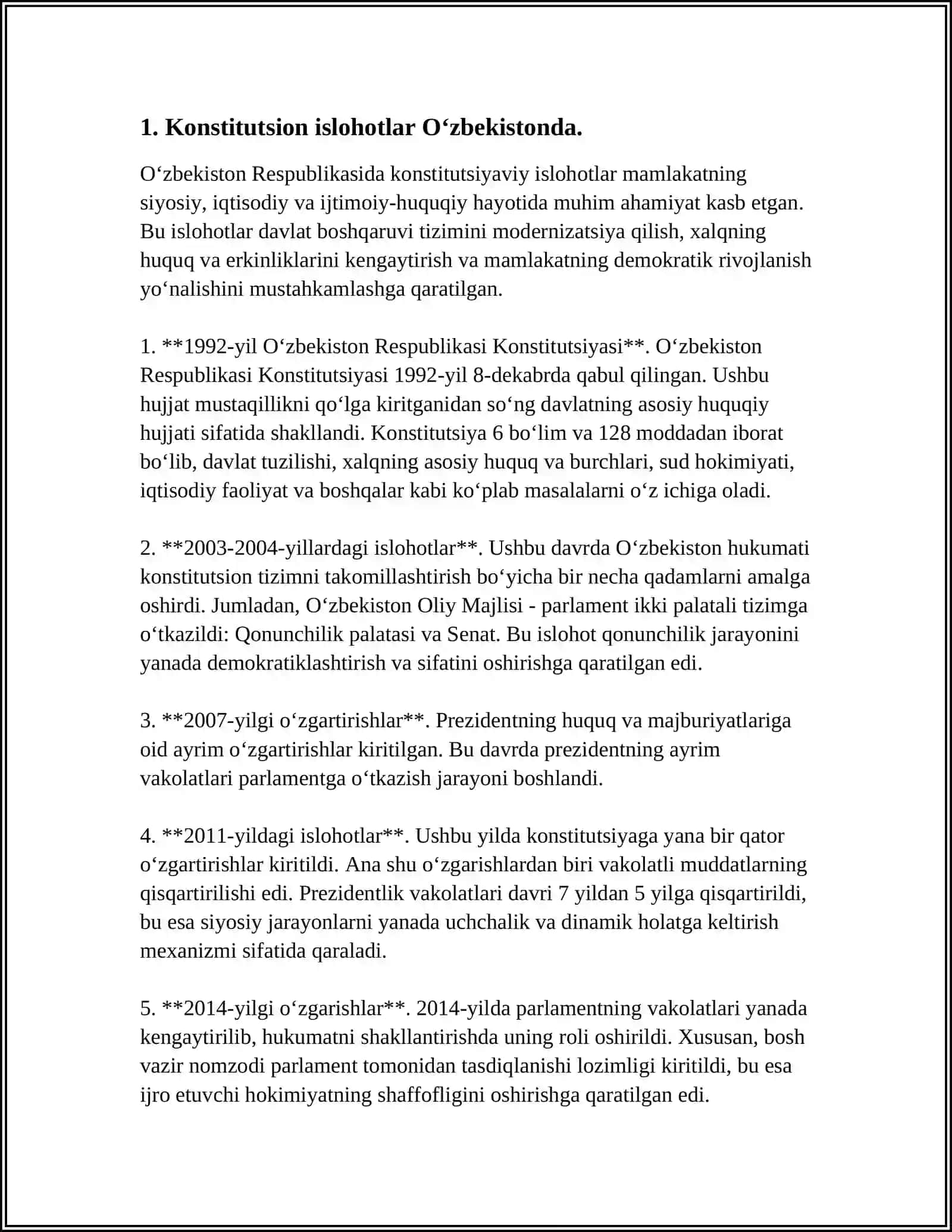 SIYOSIY ISLOHOTLAR. OʻZBEKISTONDA HOKIMIYATNING QONUN CHIQARUVCHI, IJRO ETUVCHI 3