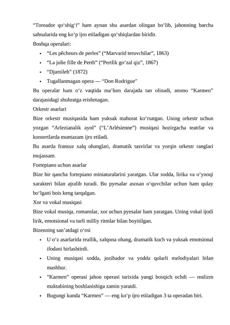 “Toreodor” Karmen operasidan J.Bize musiqasi. Xorning toza ijrosini shakllantirish. Ifodali ijroni ta’minlash 3