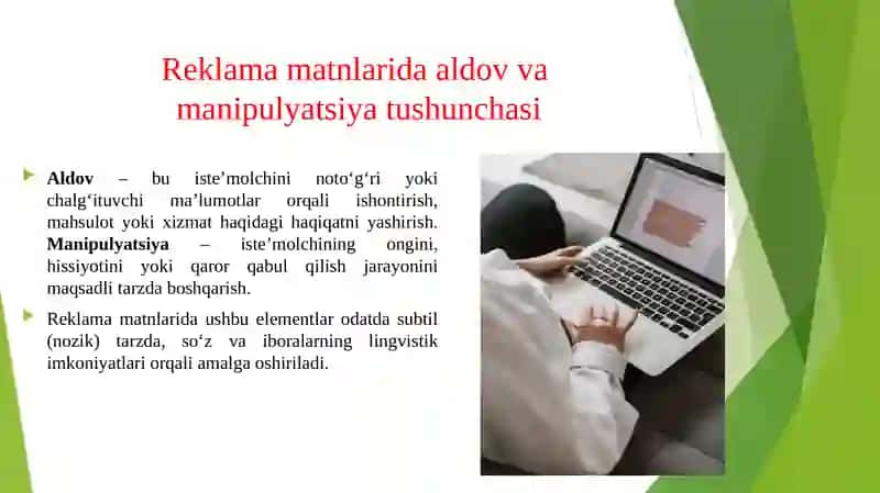 Reklama matnlarida aldov va manipulyatsiyani lingivistik aniqlash usullari. 3