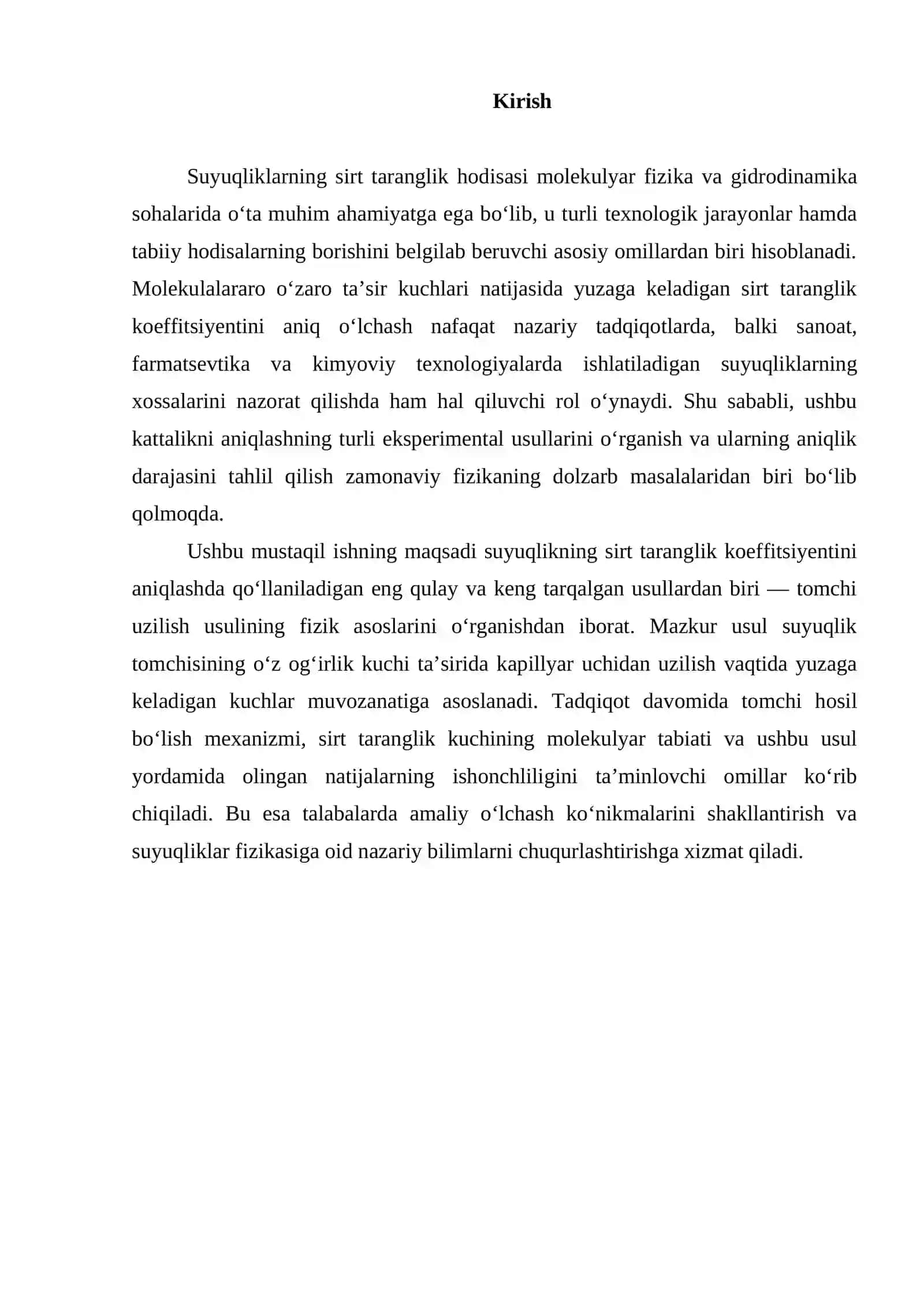 Suyuqlikning sirt tarangligini tomchi uzulish usuli orqali aniqlash 3
