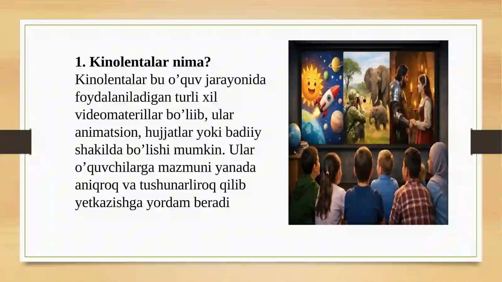 O'quv ekranidan namoyish etilgankinolentalar yordamida mashgulotlar tashkil etish 3