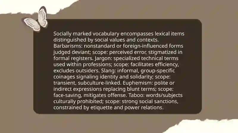 SOCIALLY MARKED VOCABULARY: BARBARISMS, JARGON, SLANG, EUPHEMISM, AND TABOO 3