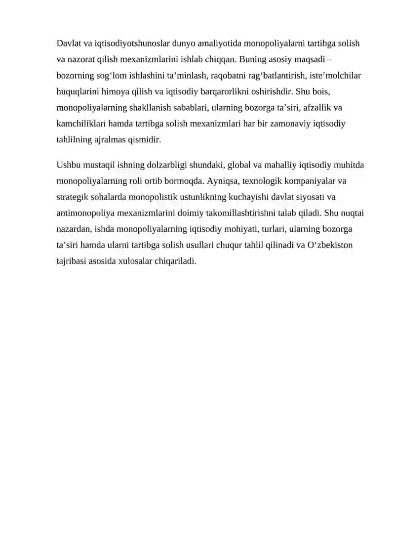 Monopoliyalar, Ularning Amal Qilish va Tartibga Solish Xususiyatlari 3