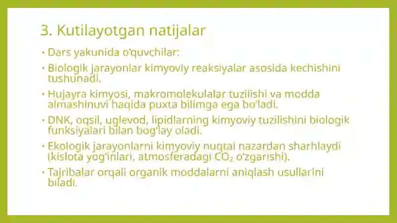 ,,Biologiyani o‘qitishda kimyo fani bilan fanlararo bog‘lanishni amalga oshirish yo‘llari" mavzusida metodik ishlanma 3