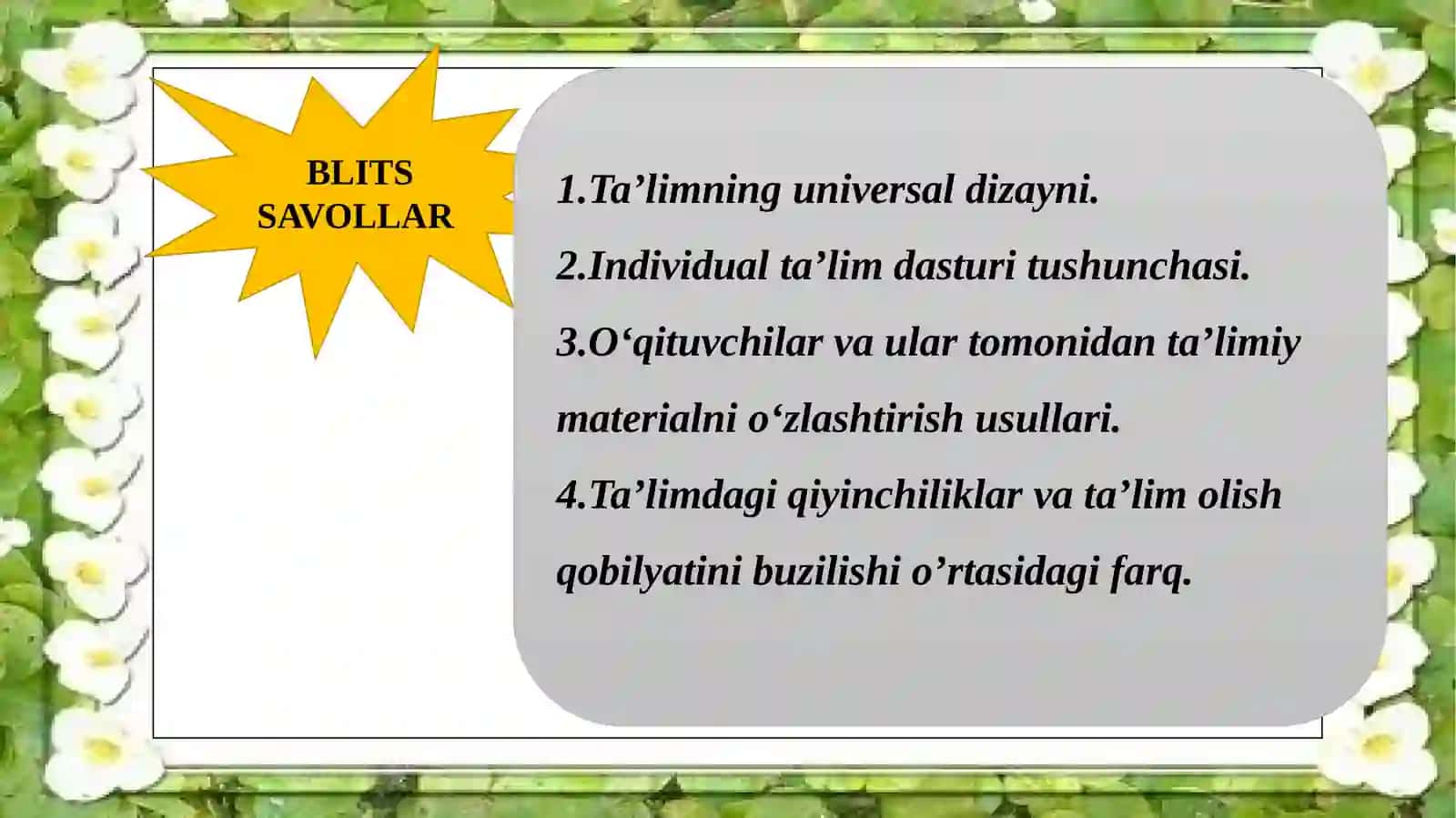 TURLI DARAJADAGI INTELLEKTUAL YETISHMOVCHILIGI BO’LGAN BOLALAR AUTISTIK SPEKTR BUZILISHIGA EGA BOLALAR UCHUN INKLYUZIV TA’LIM STRATEGIYALARI VA ULARNI AMALGA OSHIRISH SHART-SHAROITLARI 3