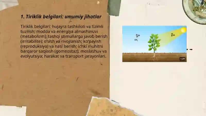 Tiriklik belgilari,hujayraning oziqlanishi,rivojlanishi va koʻpayishi, oʻsimlik anatomiyasi fiziologiyasi 3