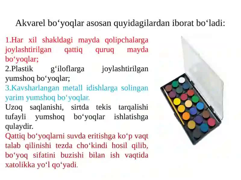 AKVAREL BO‘YOQLAR, TURLARI, KARTALARNI JIHOZLASHDA AHAMIYATI 3