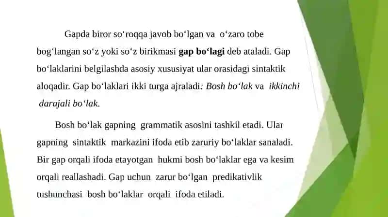 Gap bo'laklari haqida umumiy ma'lumot. Ega va kesim (bosh bo'laklar) ikki sostavli gaplarn 3