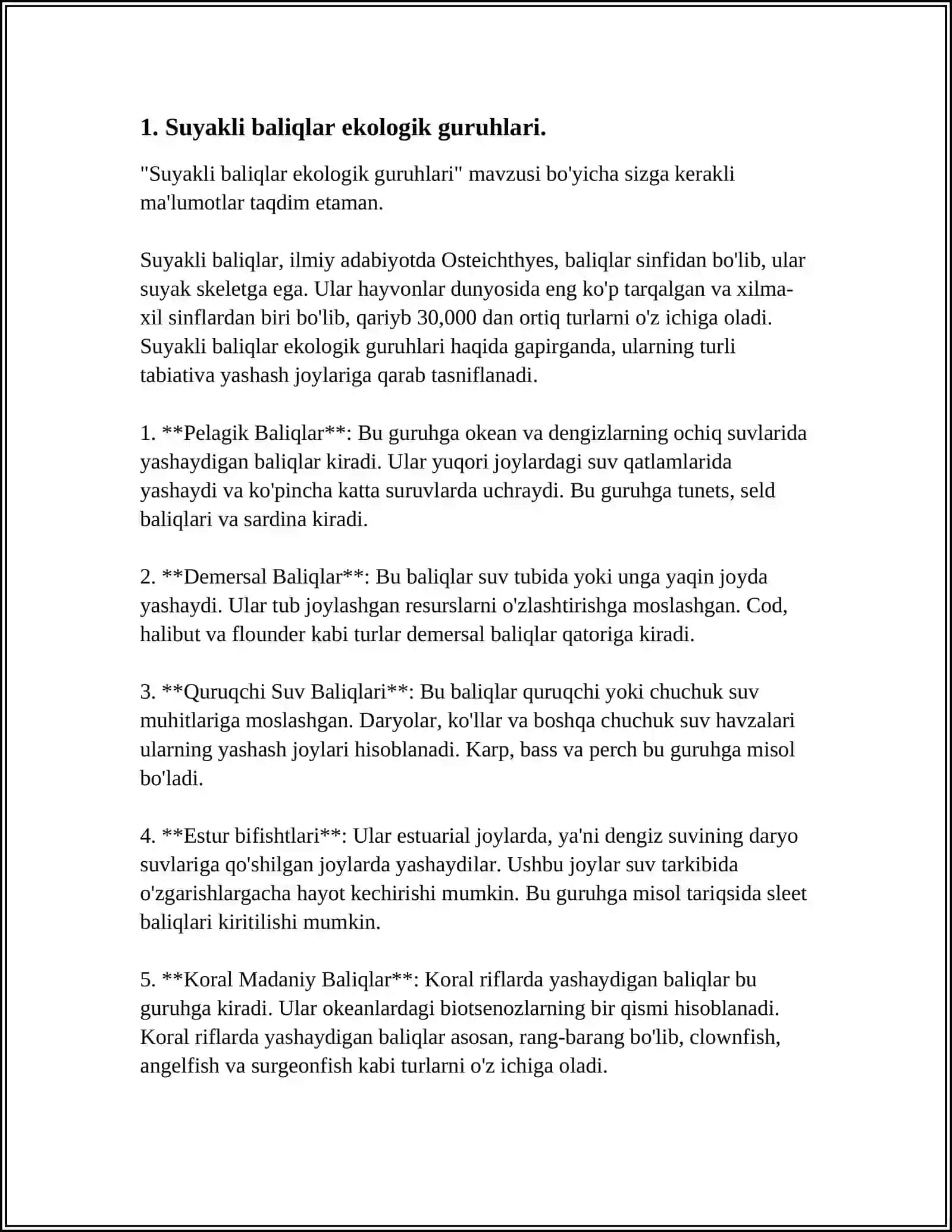 SUYAKLI BALIQLARNING EKOLOGIK GURUHLARI, OʻZBEKISTON IXTIOFAUNASINING OʻZIGA XOS VAKILLARI: ABORIGENLAR, INTRODUKSIYA QILINGAN BALIQLAR 3