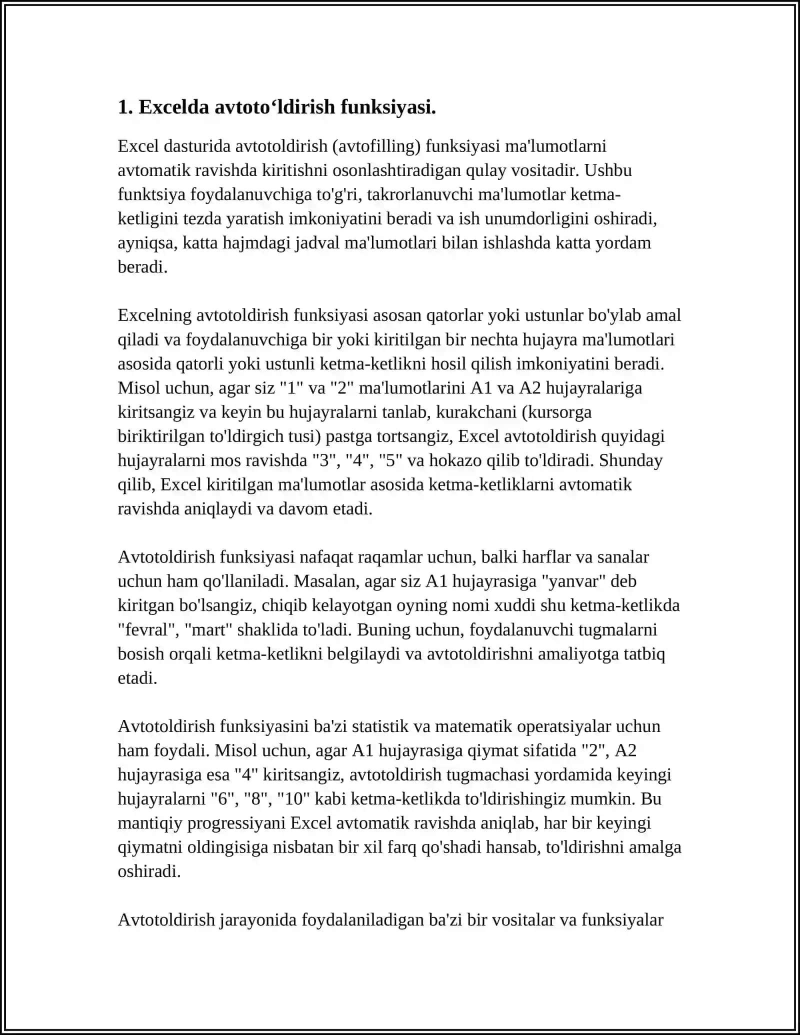 EXCEL DASTURIDA AVTOTOʻLDIRISHLAR VA AVTOHISOBLASHLAR. DIAGRAMMALAR YARATISH 3