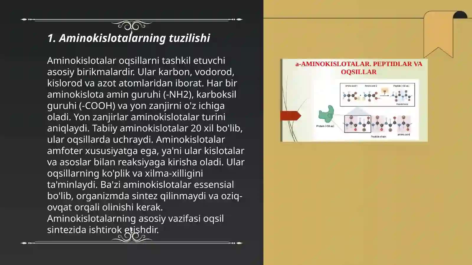 Aminokislotalar.Tuzilishi, xossalari va biologik vazifalari.Peptidlar va oqsillar.Oqsillarging fazoviy konformatsiyalari.Peptid va oqsillarning funksiyalari 3