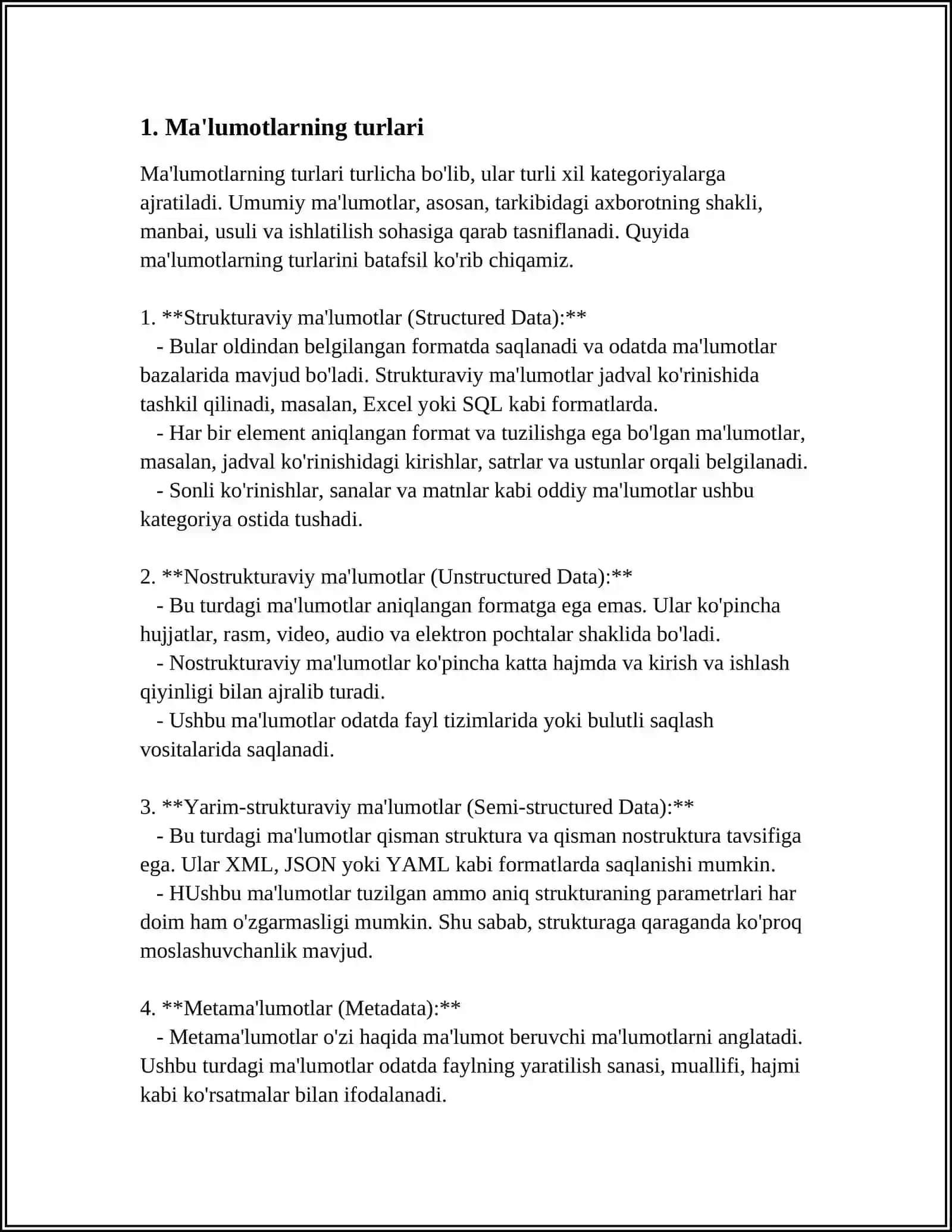 MA’LUMOTLAMI IFODALASH BOSQICHLARI. MA’LUMOTLAR TOIFALARI 3