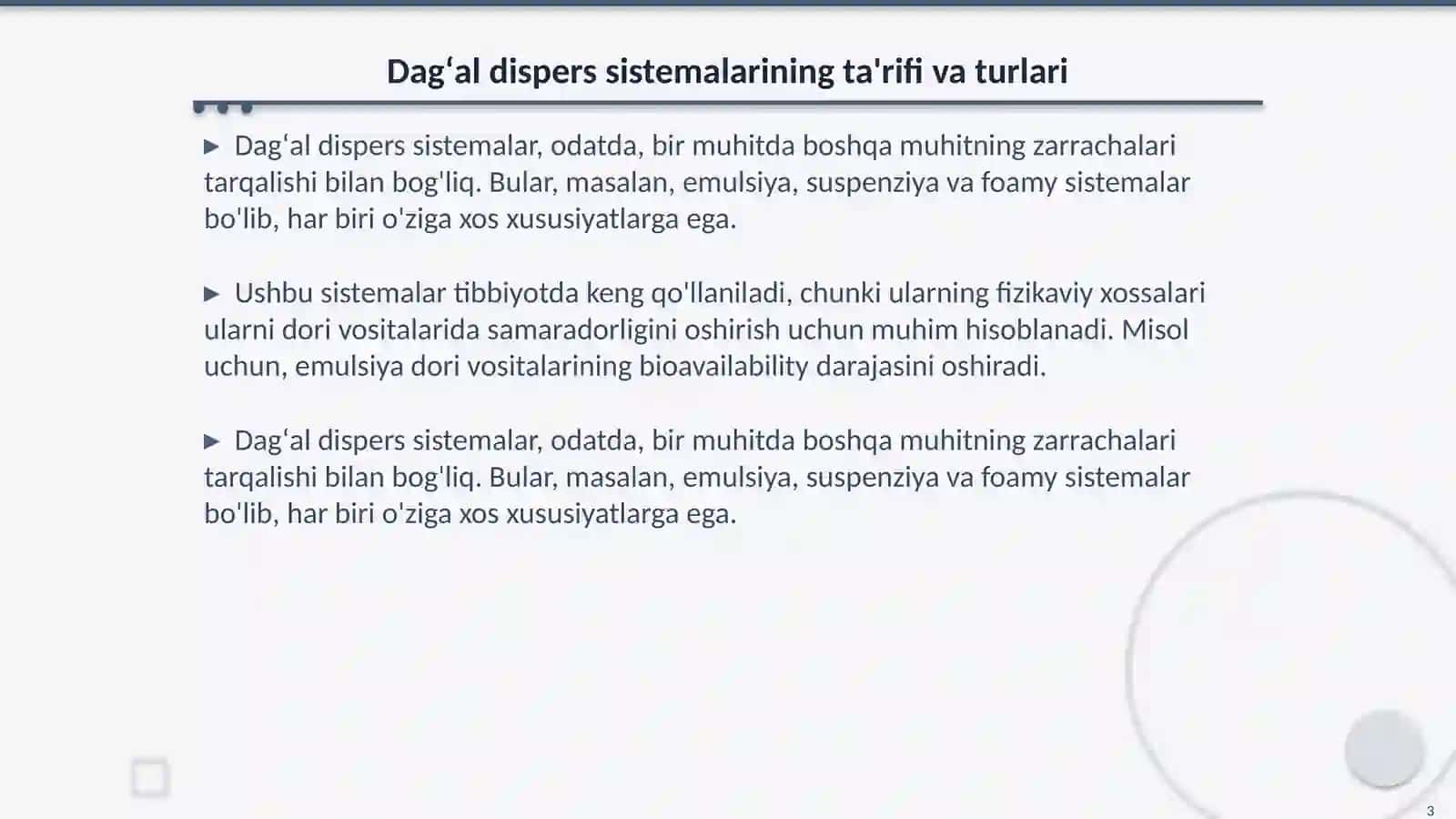 Dagʻal dispers sistemalarning xossalari va ularni tibbiyot va farmakalogiyada ishlatilishi 3