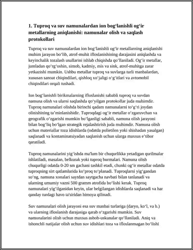 TUPROQ VA SUVNING IFLOSLANISHIDA ION BOĞLANISHLI BIRIKMALARNI ANIQLAB,ULARDAN TOZALASH USULINI ISHLAB CHIQISH 3