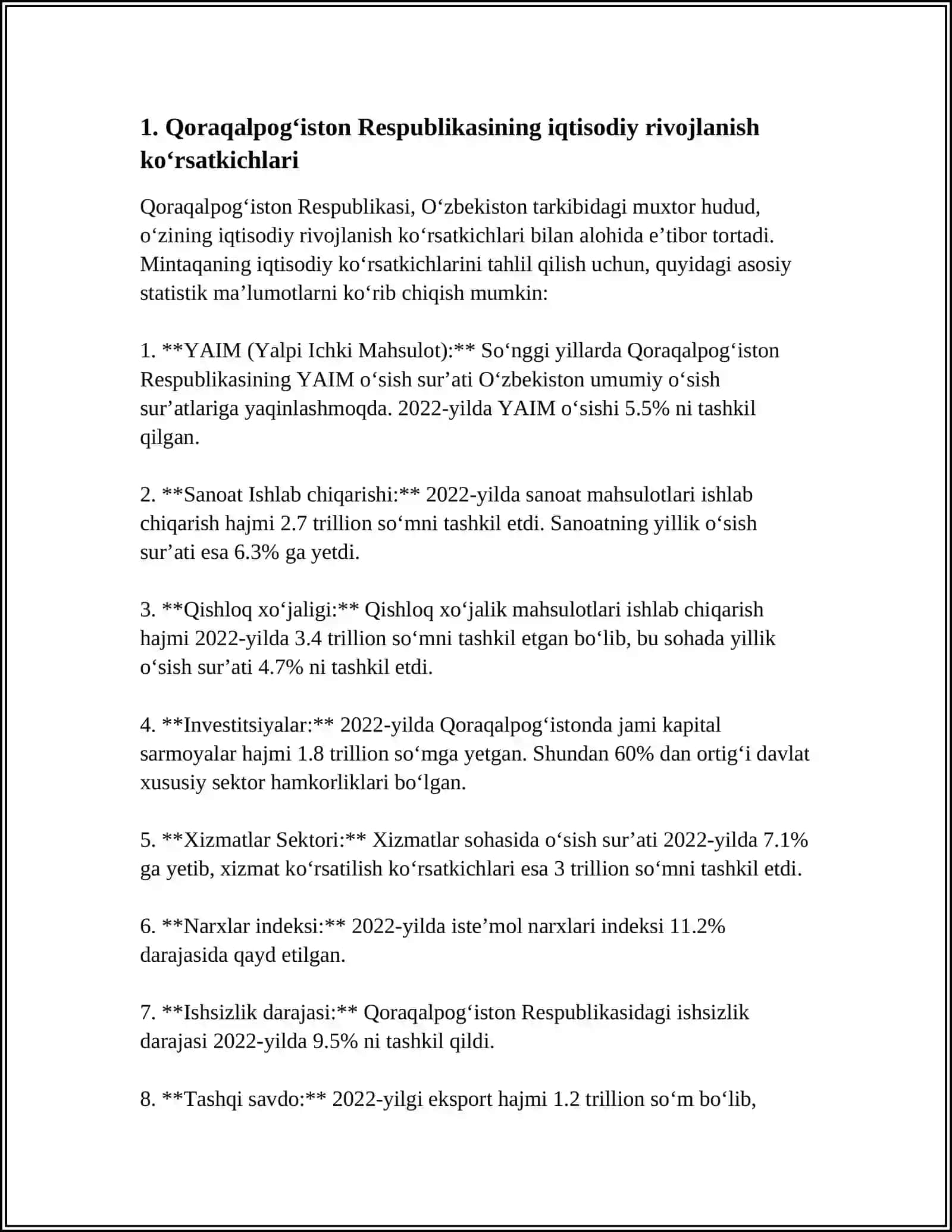 QORAQALPOQISTON RESPUBLIKASI RIVOJLANISHI VA TAXLIL KO'RSATKICHI 2022-2023-YILLARDA 3