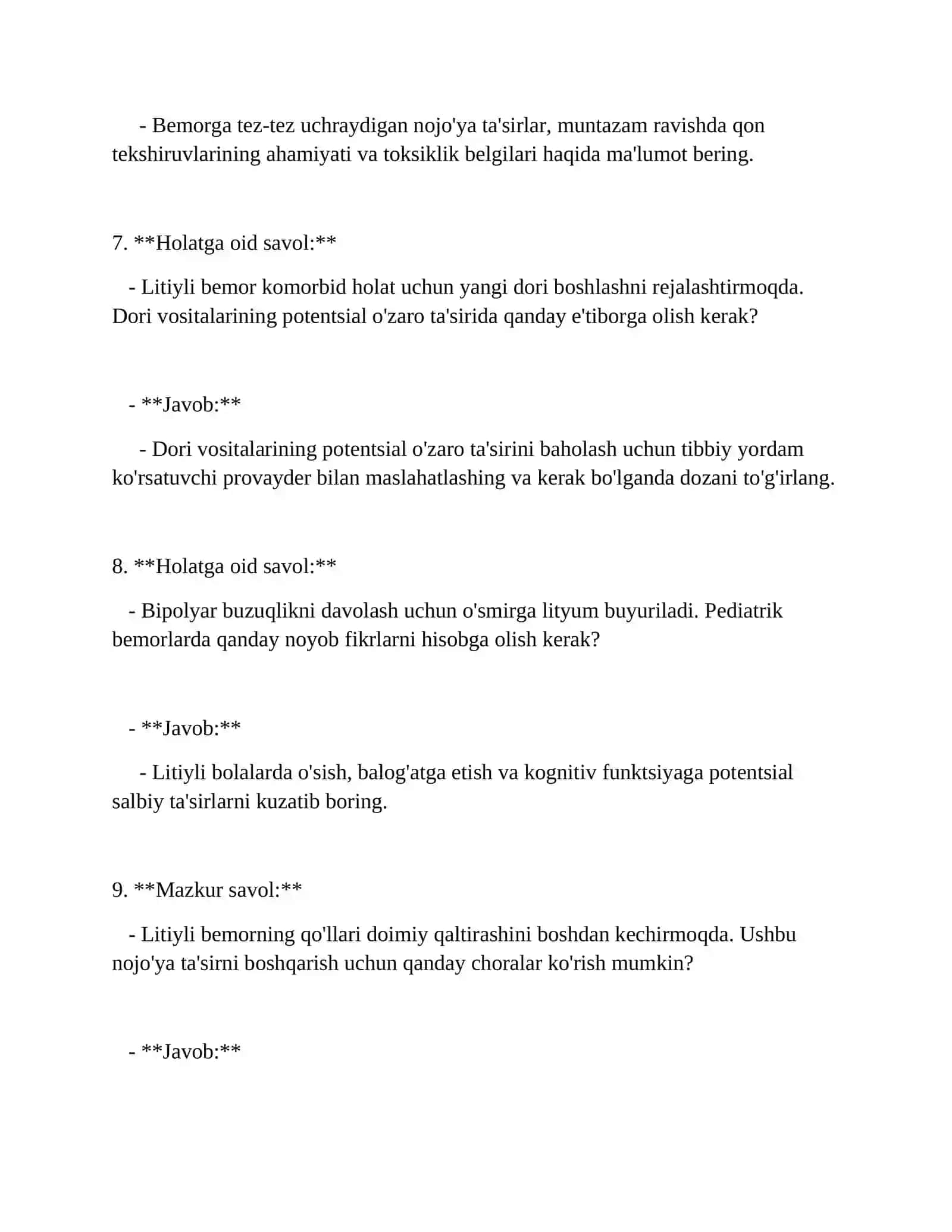 LITIY TUZLARI. SEDATIV VOSITALAR mavzusida test 3