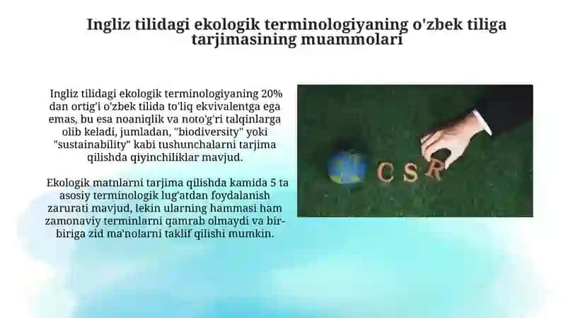 Ekologiya sohasiga oid matnlarni ingliz tilidan o'zbek tiliga tarjima qilish 3