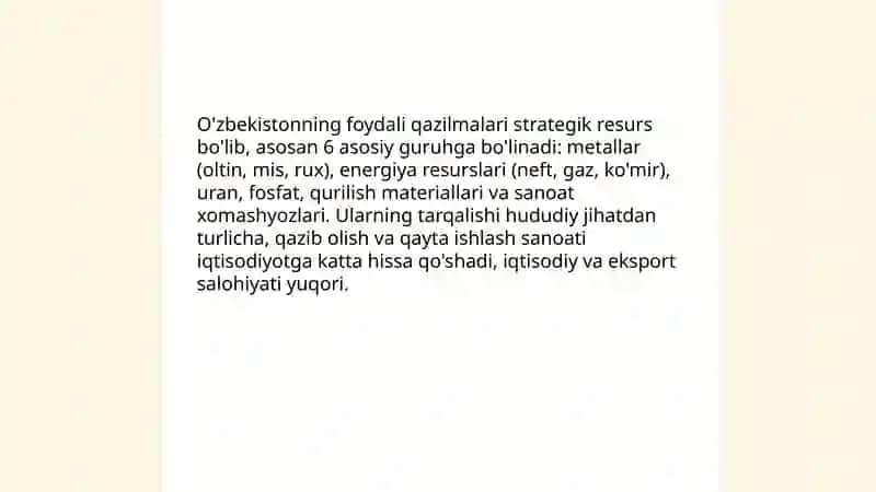O'zbekistonning foydali qazilmalari haqida ma'lumot tayyorlash 3