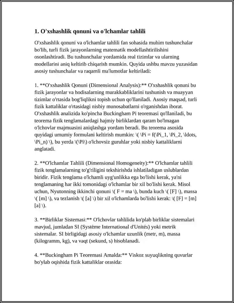 O'XSHASHLIK QONUNI. STOKS FORMULASI. GIDRODINAMIK BEQARORLIK. TURBULENT VA LEMINAR OQIM 3
