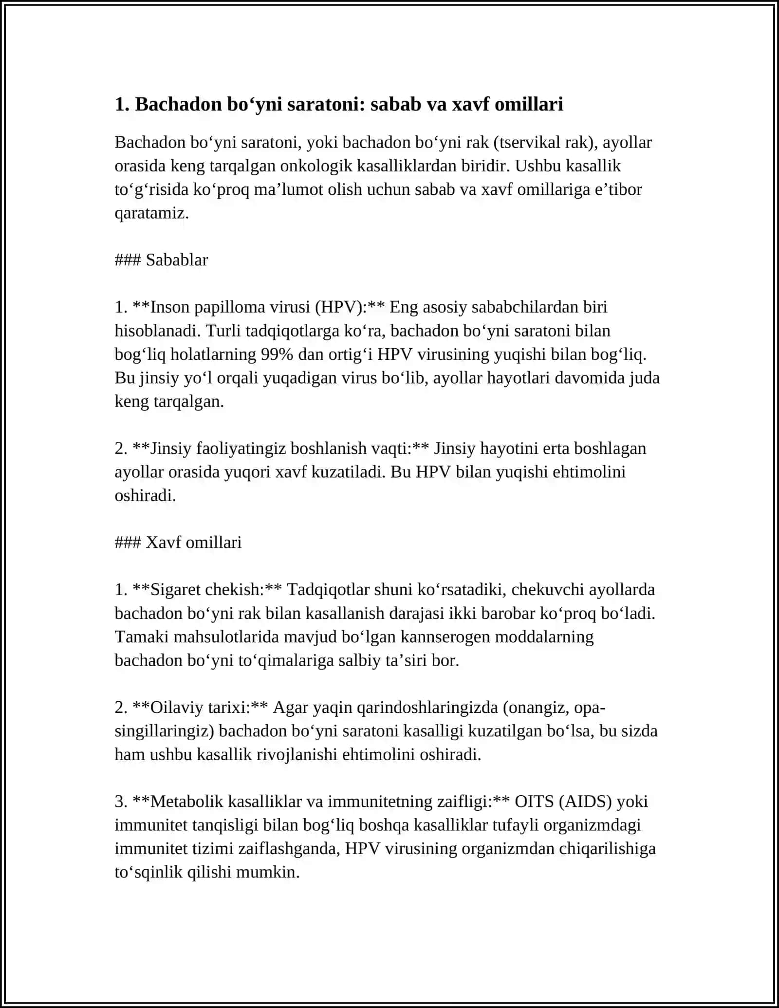 AYOLLAR JINSIY A’ZOLARI O‘SMA KASALLIKLARI: BACHADON BO‘YNI SARATONI 3