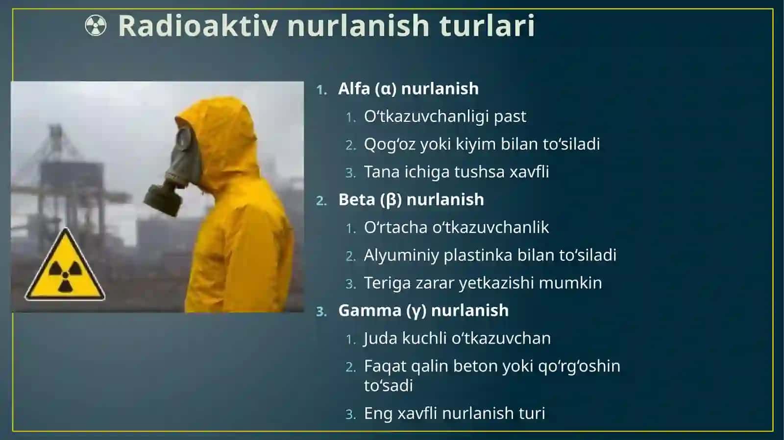 Radiaktiv,kimyoviy va bakterialagik zaxarlanish xavfli signallari boyicha harakatlanish 3