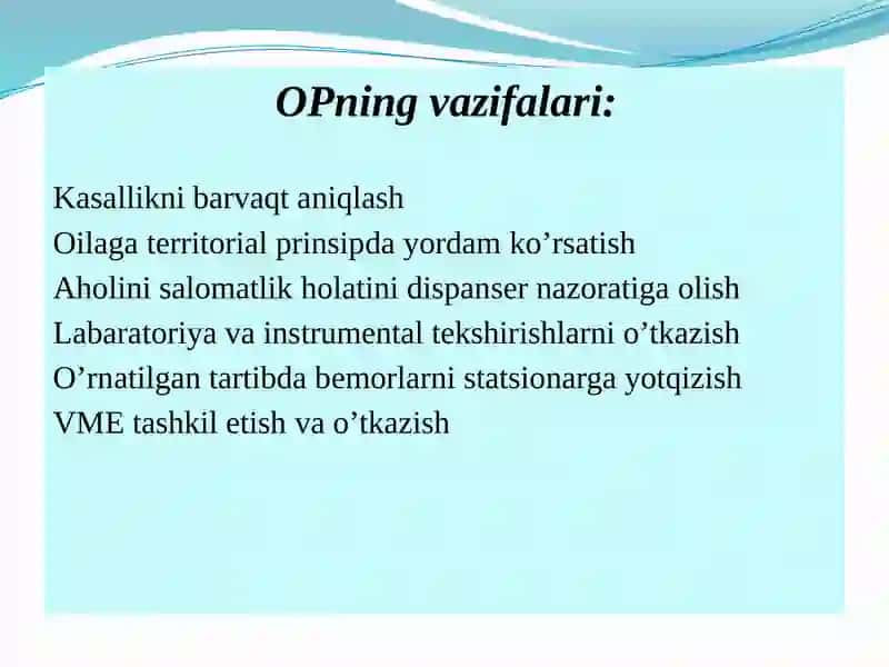 Sog‘liqni saqlash tizimida birlamchi tibbiy sanitariya yordamni tashkil etish. SHaxar va qishloq aholisiga tibbiy yordamni tashkil etish 3