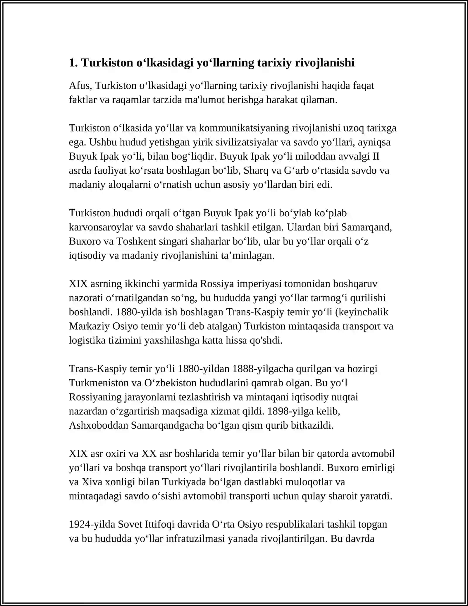 XX ASR BOSHLARIDA TURKISTON OʻLKASI HUDUDIDAGI YOʻLLARNI AHVOLI 3