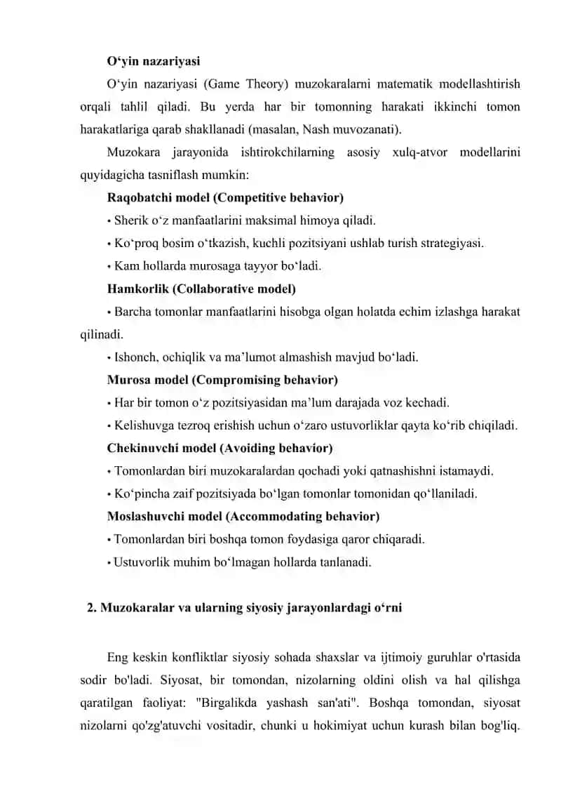 Muzokaralar jarayonida sheriklar xulq-atvorining modellari 3