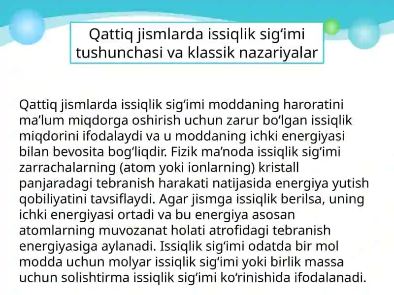 Debay nazariyasi boʻyicha qattiq jismlarning issiqlik sig'imi 3
