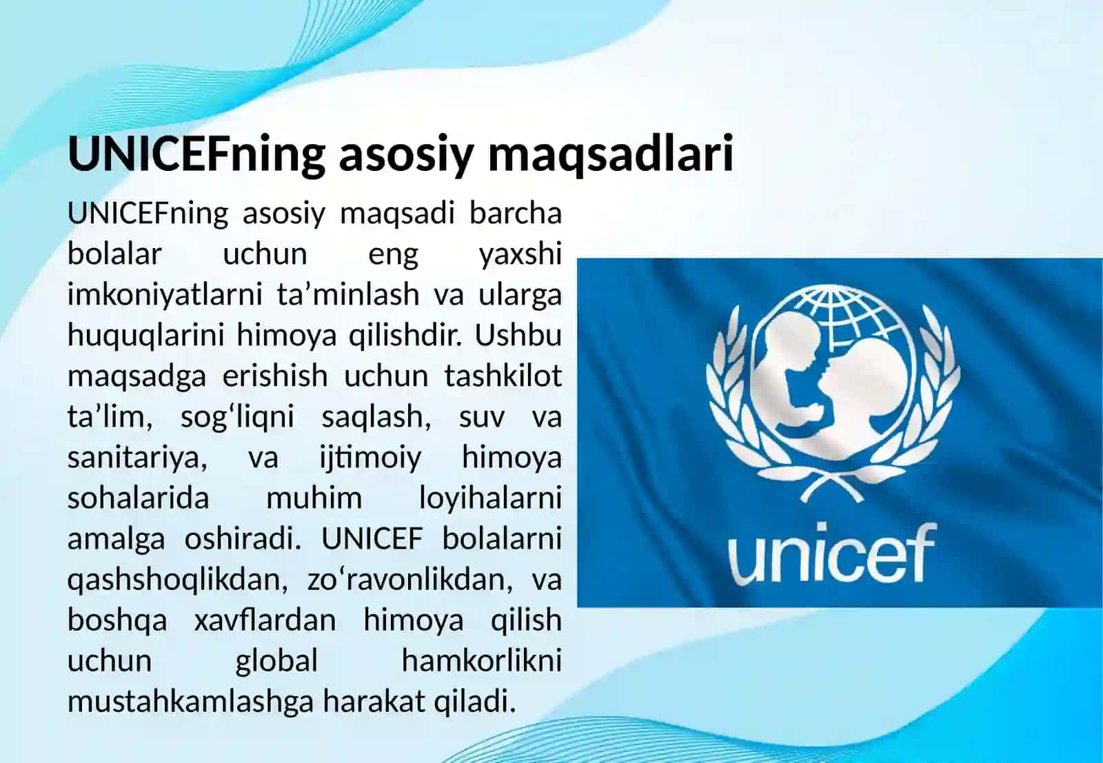 Birlashgan millatlar tashkiloti bolalar jamgʻarmasi UNICEF faoliyati 3