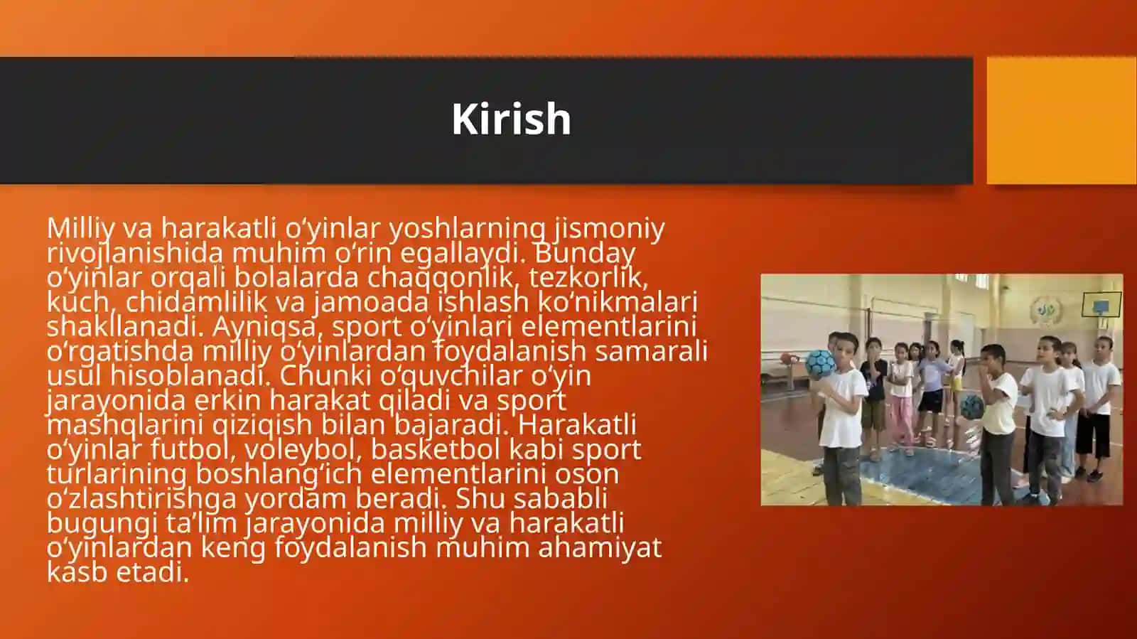 Milliy va harakatli oʻyinlar orqali sport oʻyinlari elementlarini oʻrgatish 3