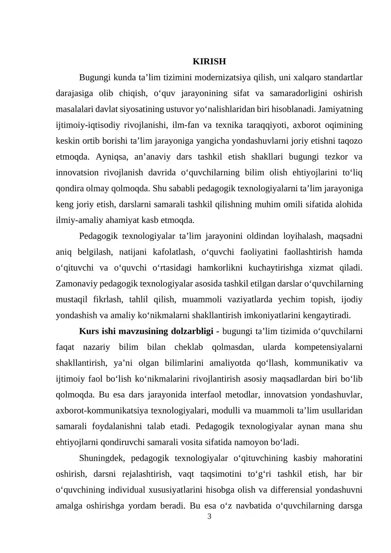 Kurs ishi "Pedagogik texnalogiyalar dars samaradorligining oshirishning muhim omili sifatida" 3
