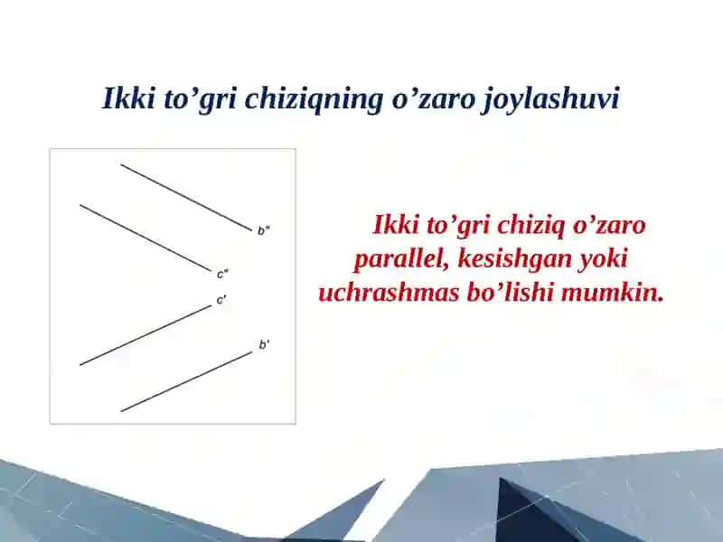 Tekislikdagitoʻgʻrichiziqlarningoʻzarojoylashishihamularorasidagiburchak.Tekislikdatoʻgʻrichiziqningekonomikadaqoʻllanilishi 3
