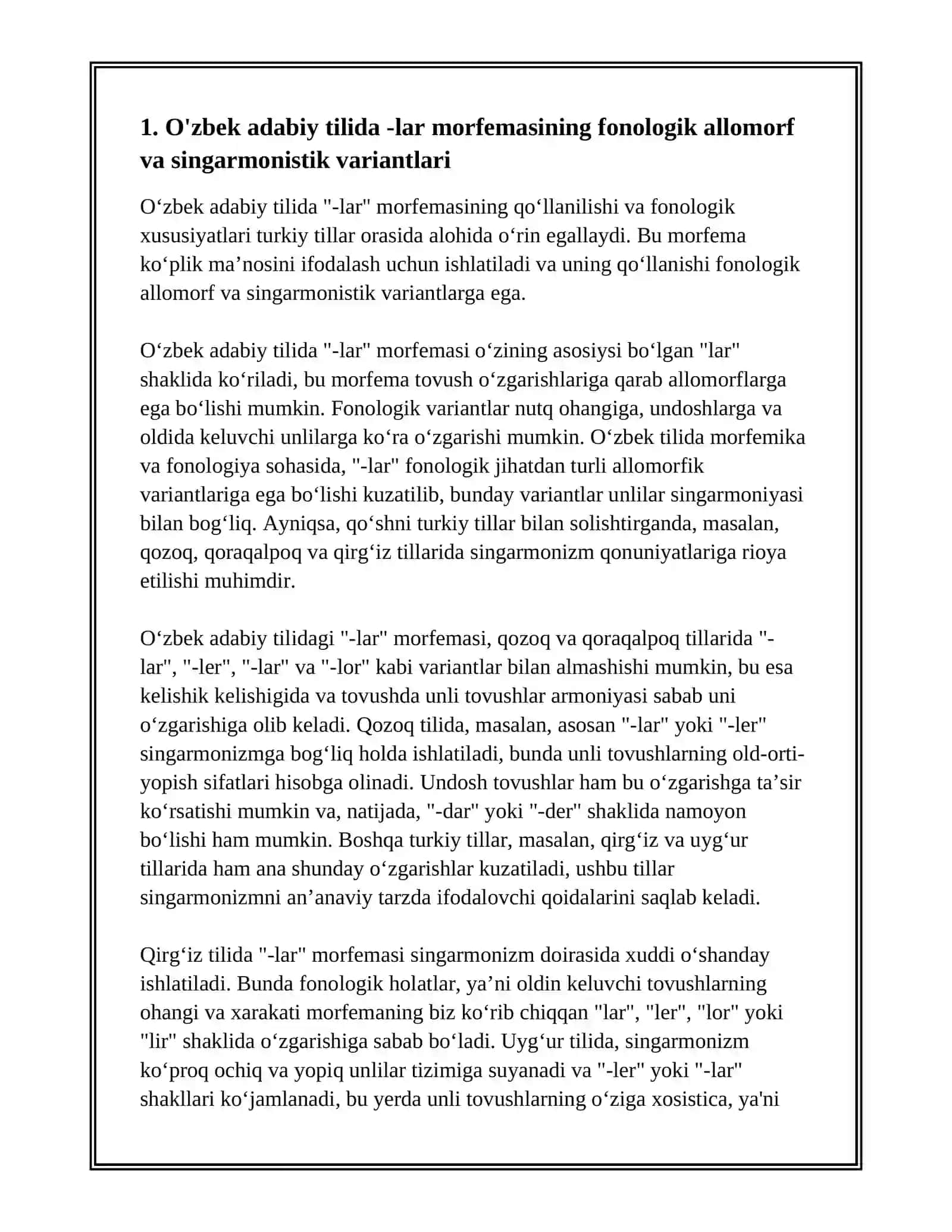 ÕZBEK ADABIY TILIDA -LAR MORFEMASINING QOZOQ, QORAQALPOQ, QIZG’IZ, UYG’UR ADABIY TILLARIDA MUVOFIQLARI VA SINGARMONISTIK VARYANTLARI 3