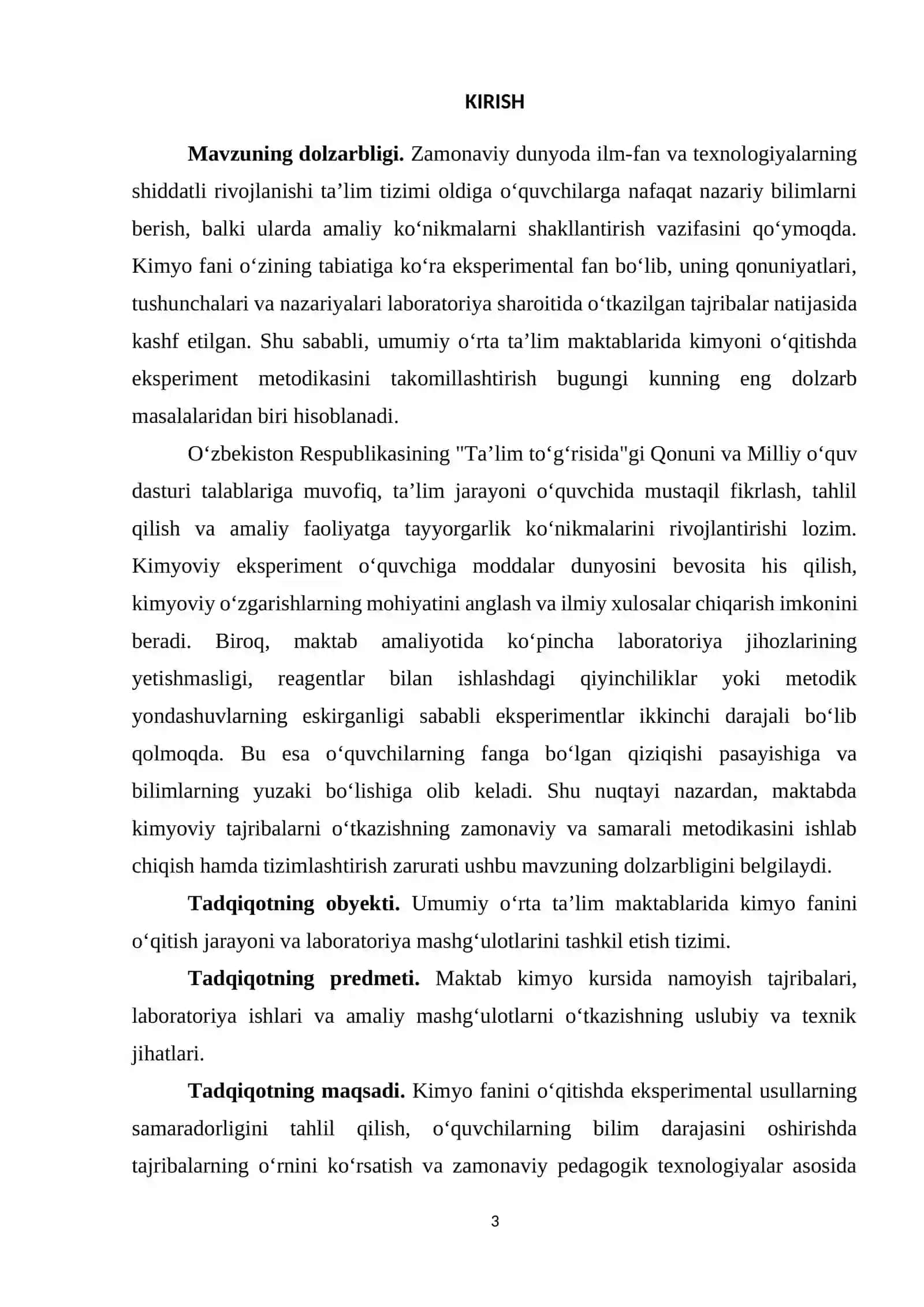 KURS ISHI. Umumiy ta'lim maktabida o'tqaziladigan kimyoviy eksperiment metodikasi 3