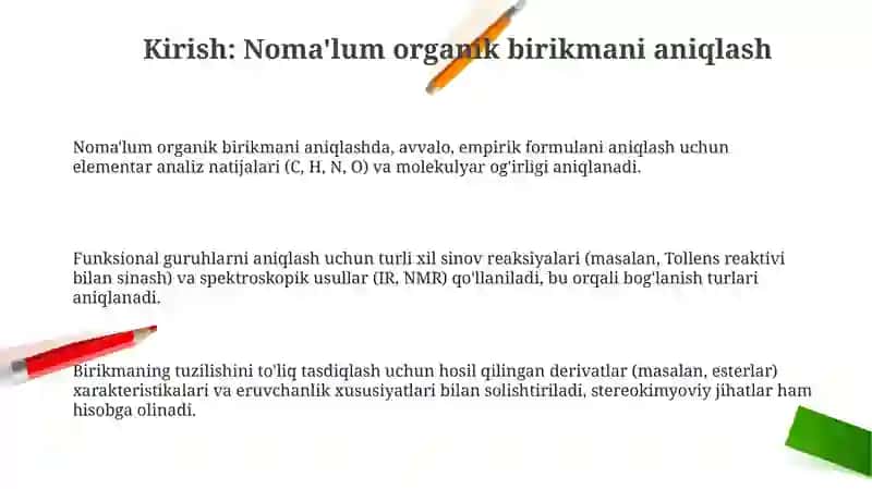 Kimyoviy usullar asosida nomalum organik birikmani tuzilishini aniqlash 3