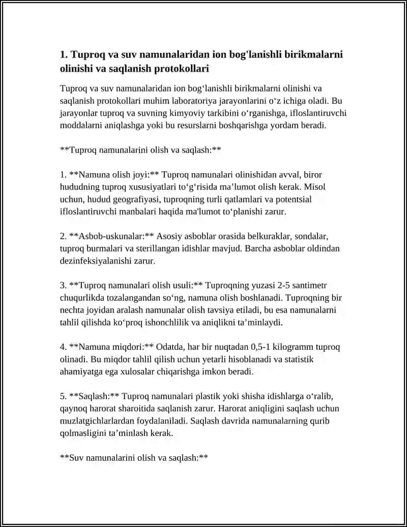 Tuproq va suv namunalaridan ion bog'lanishli birikmalarni olinishi va saqlanish protokollari 3