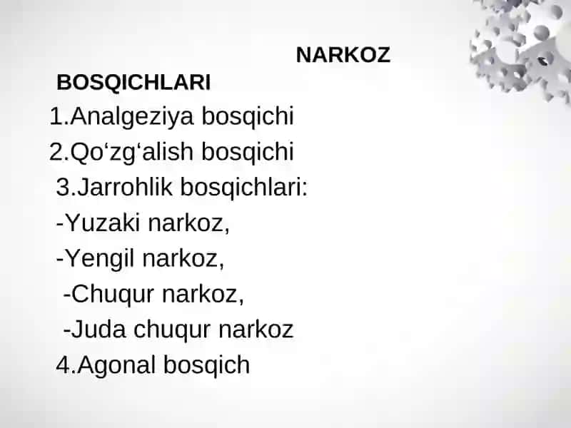 Narkoz vositalari. Etil  spirti. Uxlatuvchi vositalar. Alkogolizm va uning asoratlari. 3