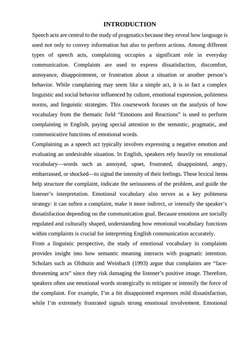 Speech acts analysis: how vocabulary from "Emotions and Reactions" is used to perform complaining in English 3