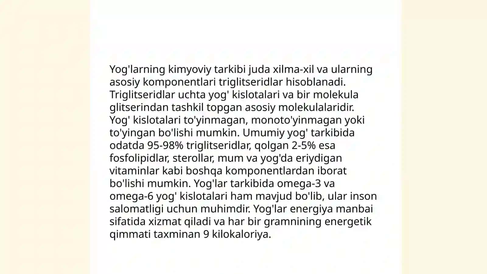 Yog'lar: kimyoviy tarkibi, tuzilishi va funksiyalari, ularning klassifikatsiyasi 3