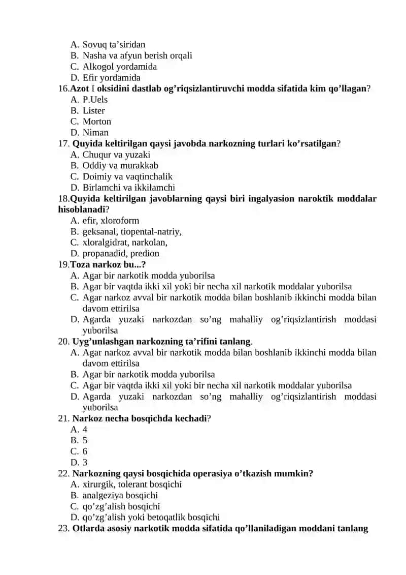 OPERATIV XIRURGIYA VA ANESTEZIOLOGIYA FANIDAN TEST SAVOLLARI 3