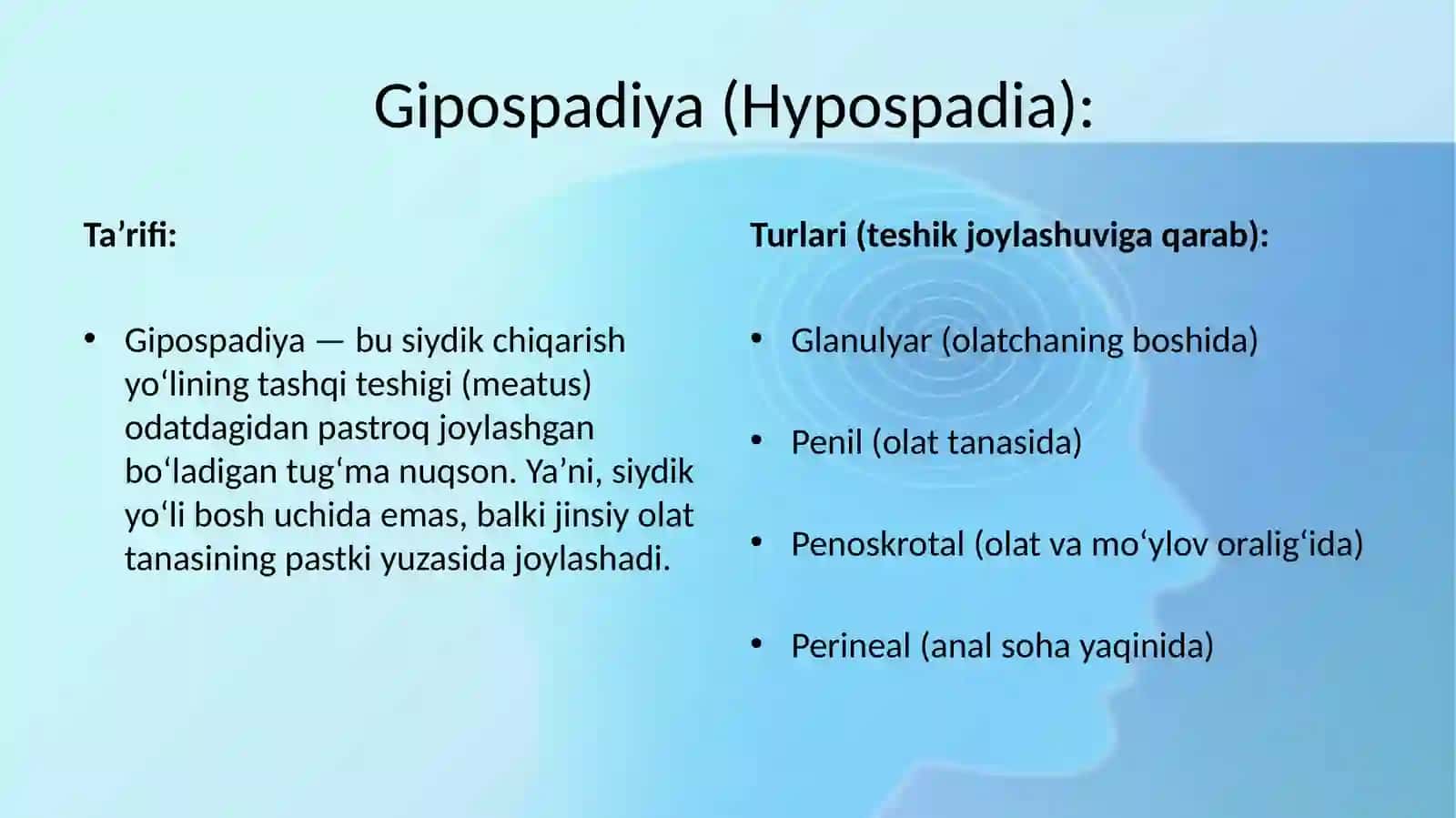 Siydikchiqaruv kanali tug’man uqsonlari (epispadiya, gipospadiya) 3